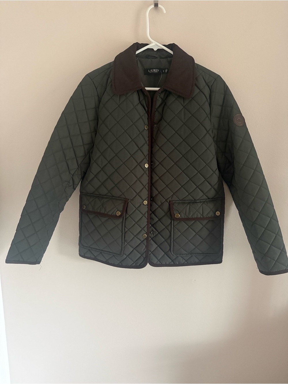 Ralph Lauren Olive Green Quilted Puffer Jacket with Brown Collar